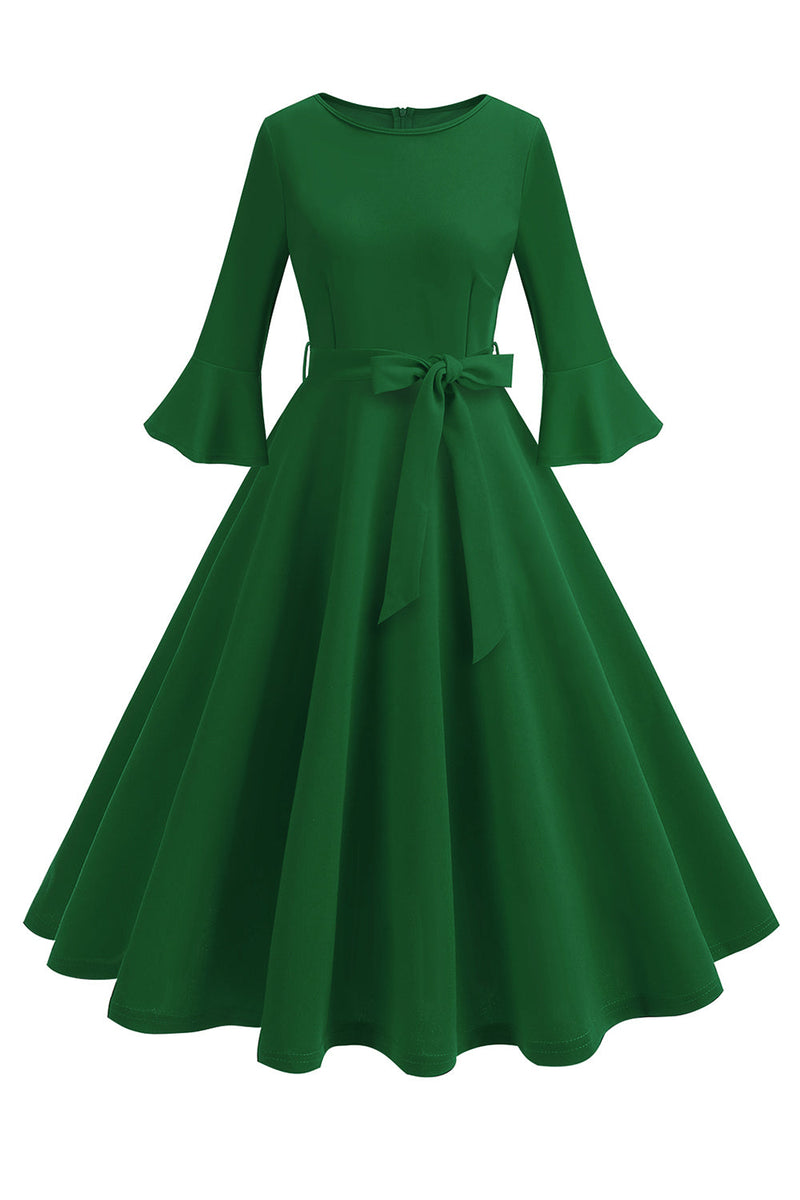 Load image into Gallery viewer, Dark Green Round Neck Pleated Long Sleeves 1950s Vintage Dress