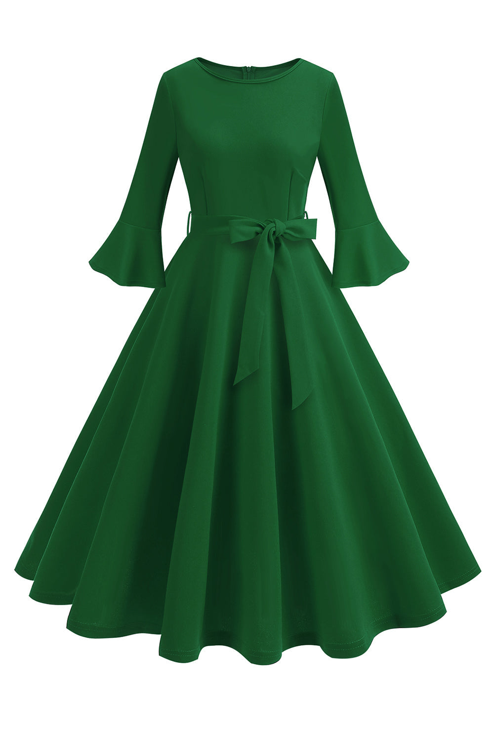 Dark Green Round Neck Pleated Long Sleeves 1950s Vintage Dress