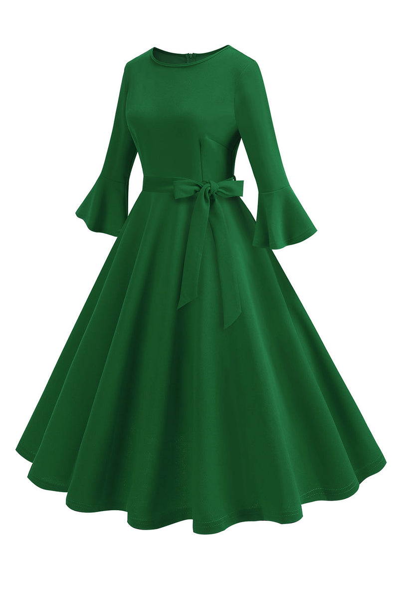 Load image into Gallery viewer, Dark Green Round Neck Pleated Long Sleeves 1950s Vintage Dress