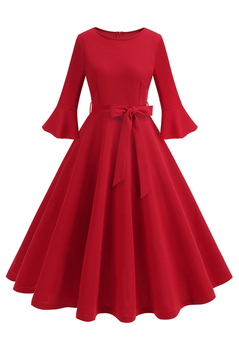 Load image into Gallery viewer, Dark Green Round Neck Pleated Long Sleeves 1950s Vintage Dress