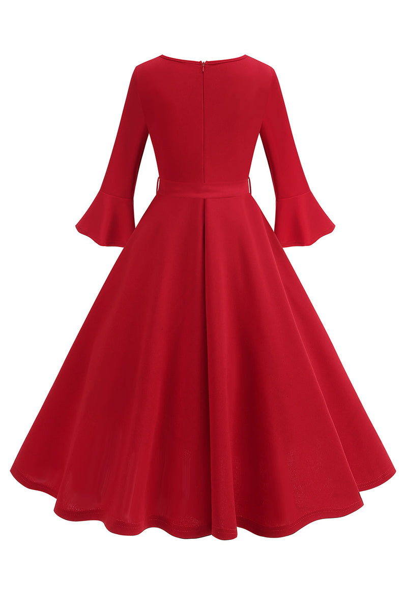 Load image into Gallery viewer, Dark Green Round Neck Pleated Long Sleeves 1950s Vintage Dress