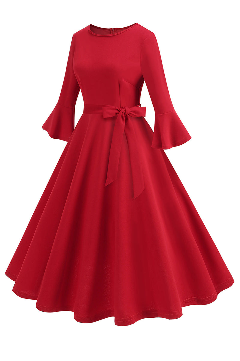 Load image into Gallery viewer, Dark Green Round Neck Pleated Long Sleeves 1950s Vintage Dress