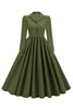 Load image into Gallery viewer, Army Green Notched Lapel Pleated 1950s Dress with Long Sleeves