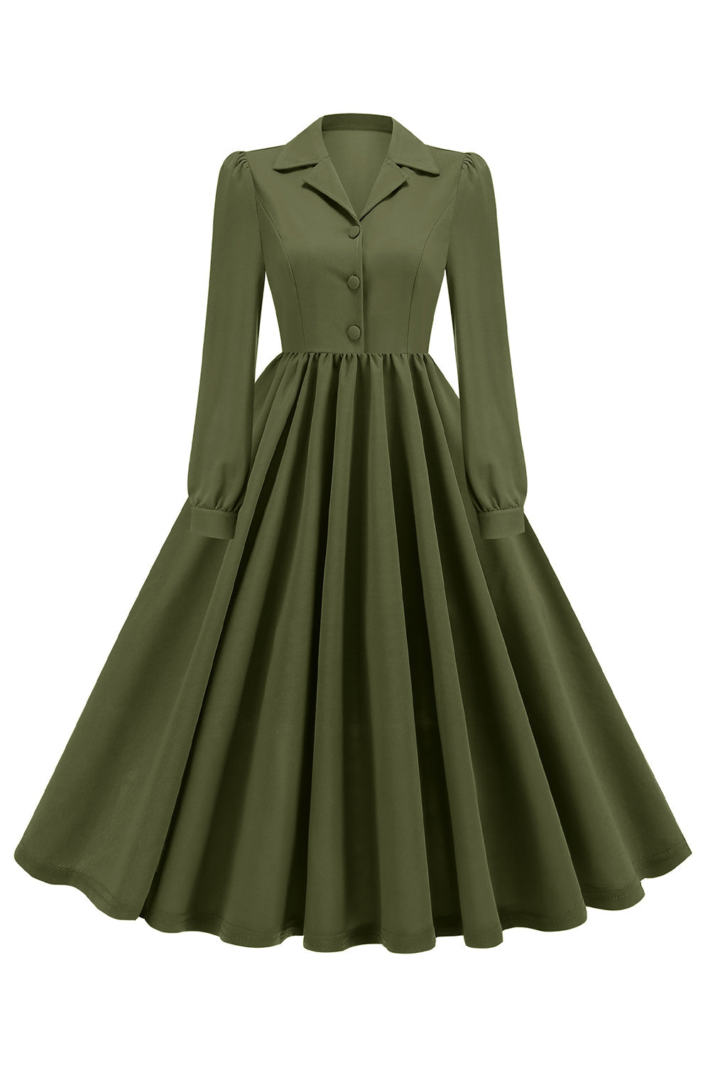 Army Green Notched Lapel Pleated 1950s Dress with Long Sleeves