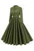 Load image into Gallery viewer, Army Green Notched Lapel Pleated 1950s Dress with Long Sleeves