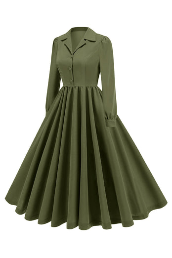 Army Green Notched Lapel Pleated 1950s Dress with Long Sleeves