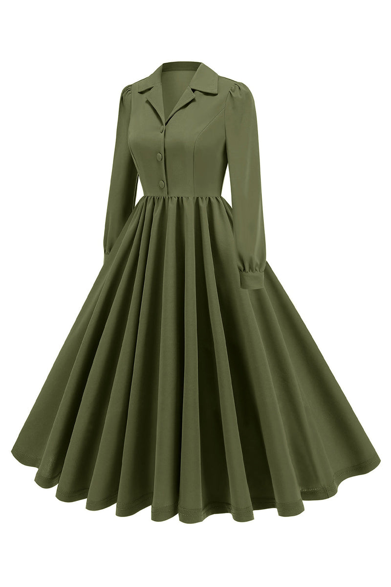 Load image into Gallery viewer, Army Green Notched Lapel Pleated 1950s Dress with Long Sleeves