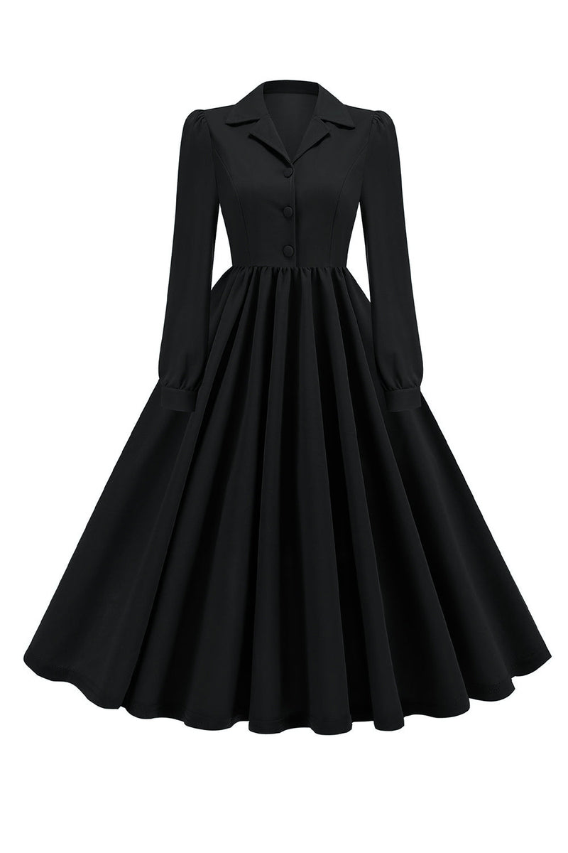 Load image into Gallery viewer, Army Green Notched Lapel Pleated 1950s Dress with Long Sleeves