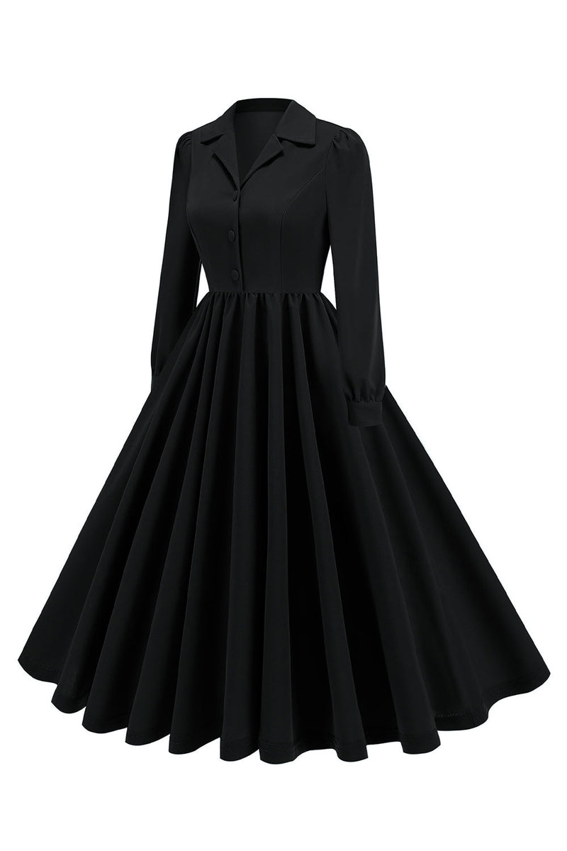 Load image into Gallery viewer, Army Green Notched Lapel Pleated 1950s Dress with Long Sleeves