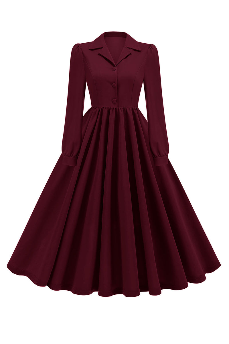 Load image into Gallery viewer, Army Green Notched Lapel Pleated 1950s Dress with Long Sleeves