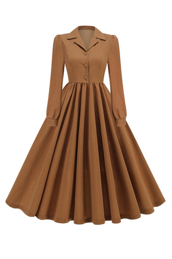 Army Green Notched Lapel Pleated 1950s Dress with Long Sleeves