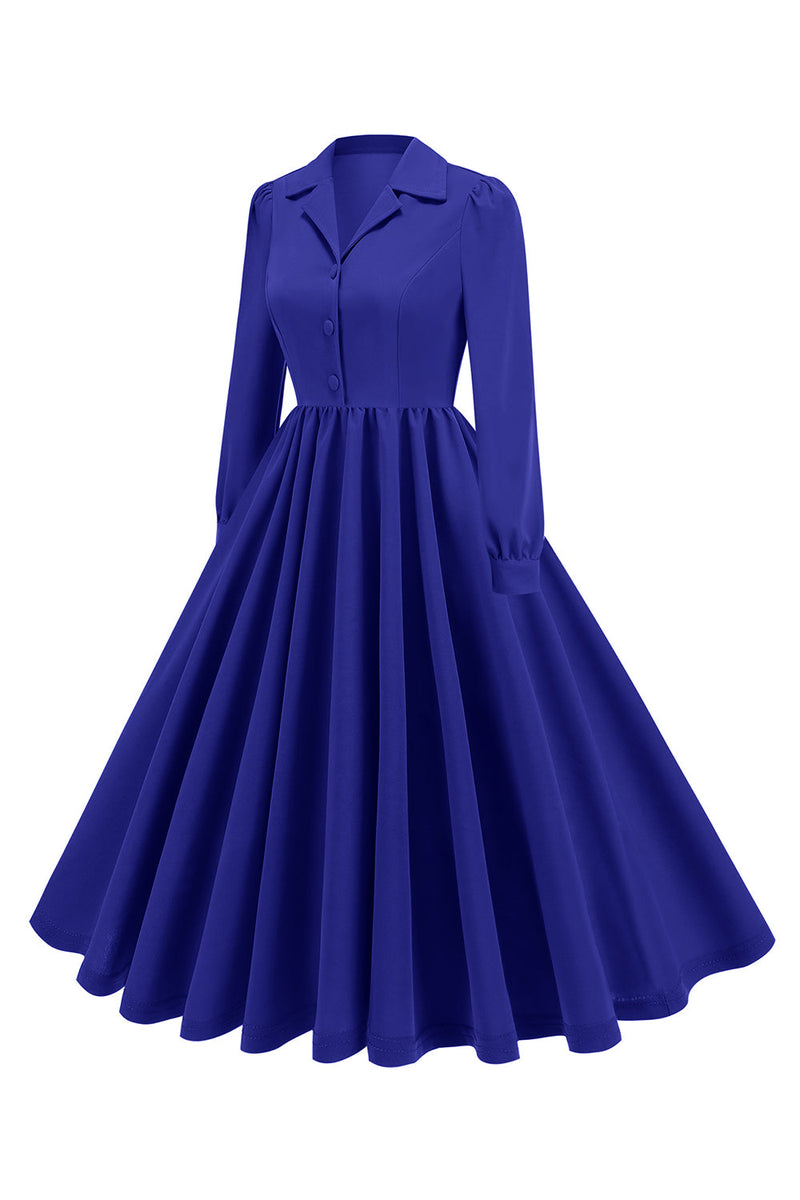 Load image into Gallery viewer, Army Green Notched Lapel Pleated 1950s Dress with Long Sleeves