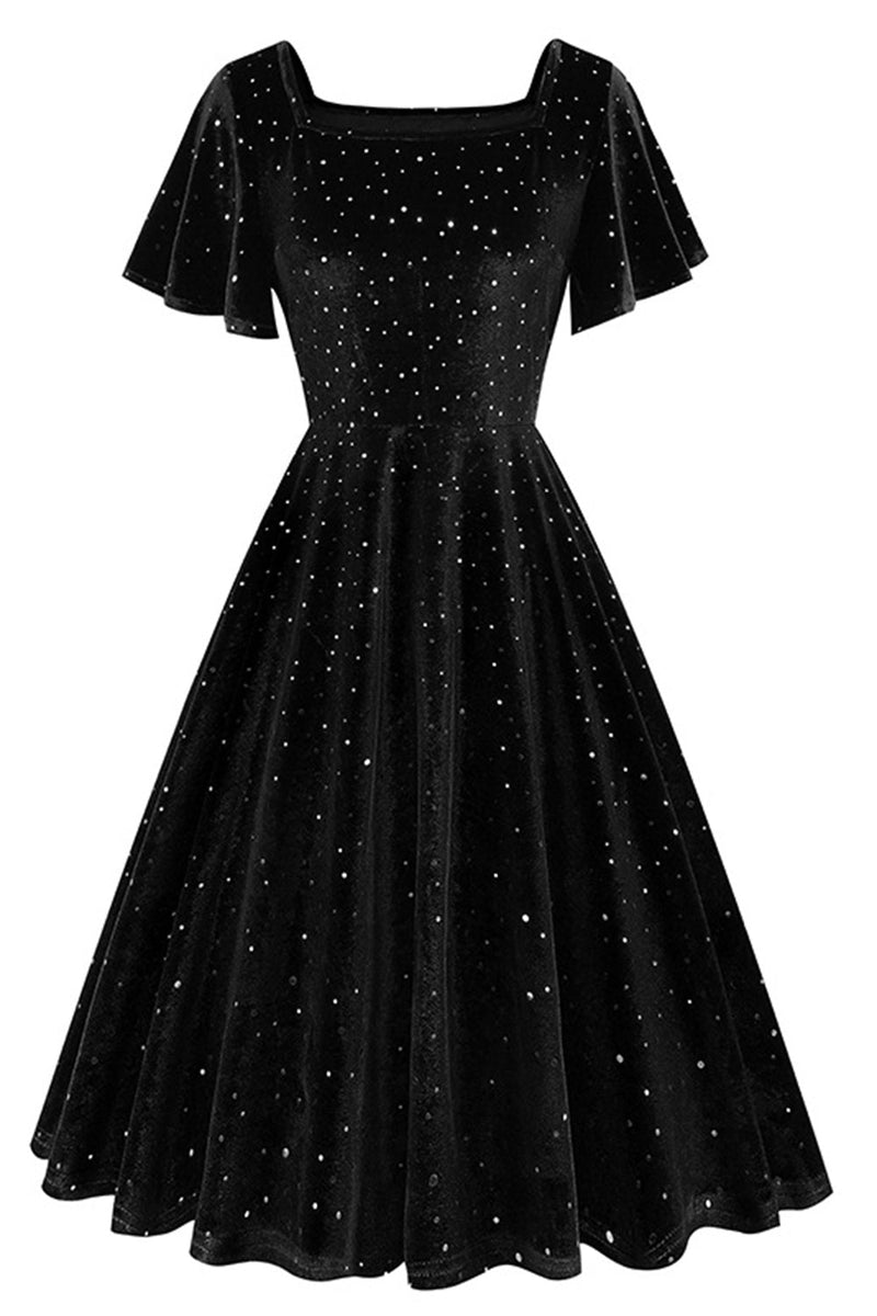 Load image into Gallery viewer, Dark Green Dotted Velvet Square Neck Flying Sleeve Midi Vintage Dress