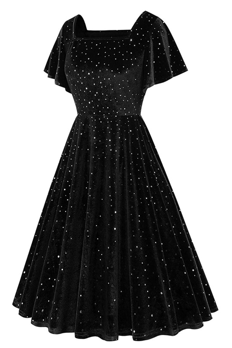 Load image into Gallery viewer, Dark Green Dotted Velvet Square Neck Flying Sleeve Midi Vintage Dress