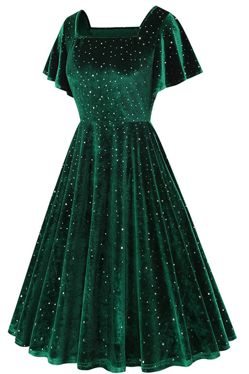 Load image into Gallery viewer, Dark Green Dotted Velvet Square Neck Flying Sleeve Midi Vintage Dress