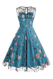 Apricot Elegant Floral Embroidered Sleeveless Midi Vintage Dress