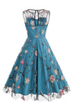 Apricot Elegant Floral Embroidered Sleeveless Midi Vintage Dress