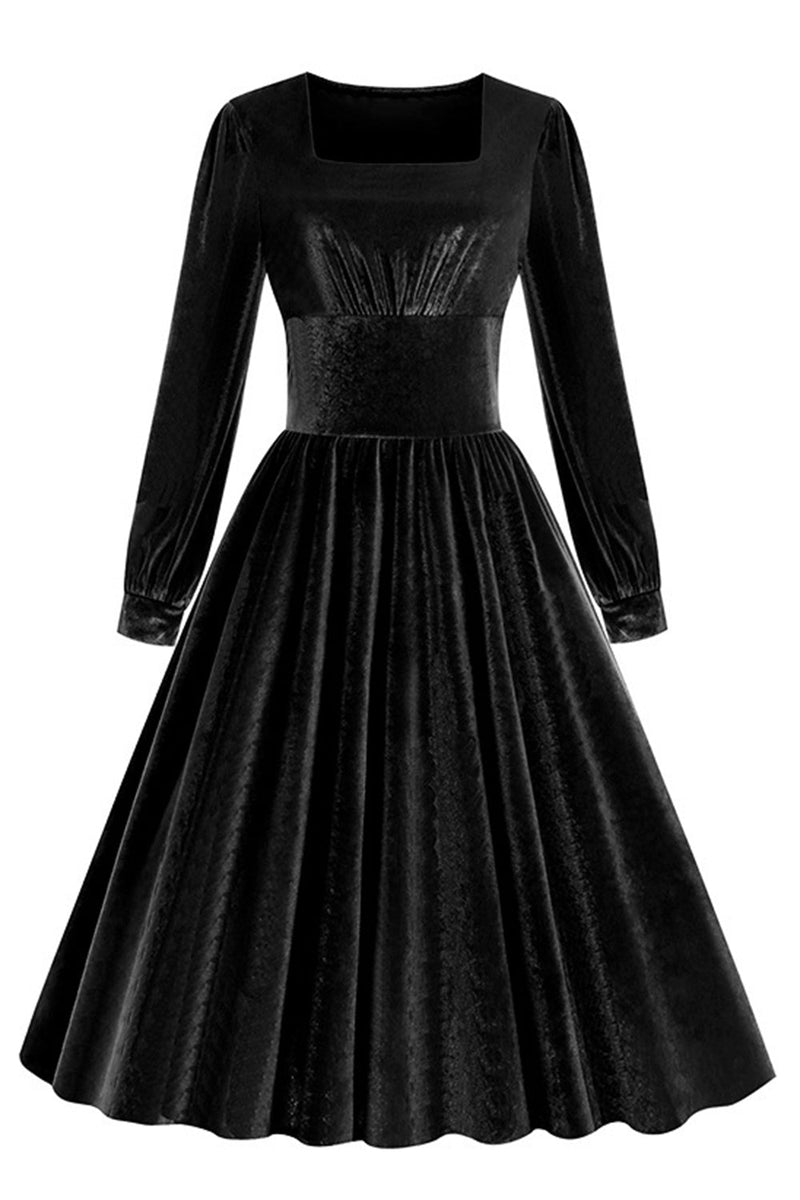 Load image into Gallery viewer, Black A Line Long Sleeves Pleated Vintage 1950s Dress