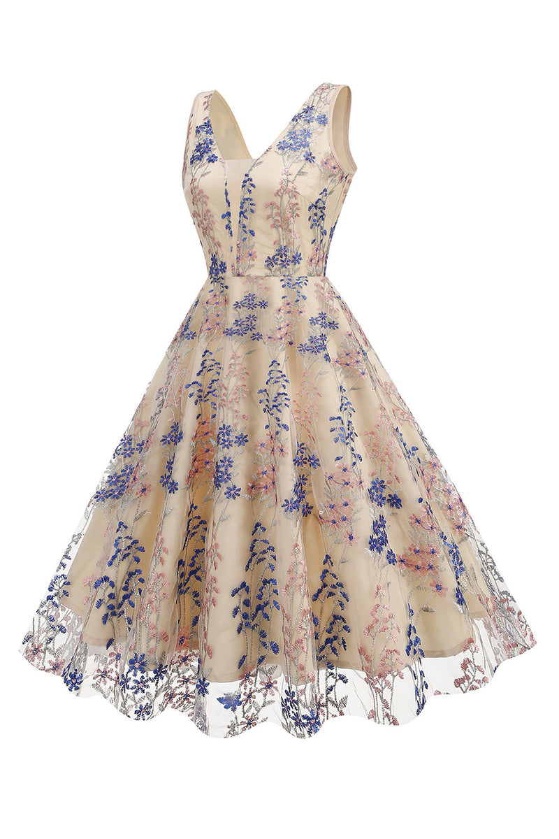 Load image into Gallery viewer, Sparkly Apricot Flower Sleeves Swing 1950s Dress