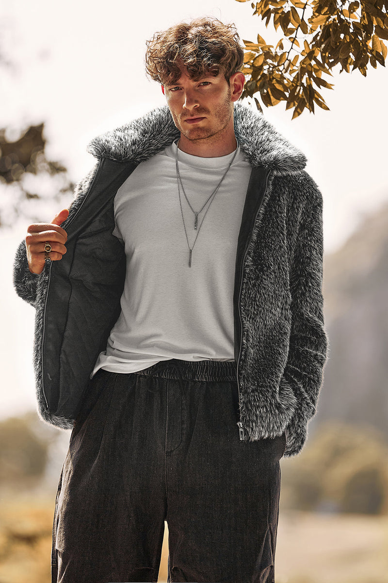 Load image into Gallery viewer, Dark Grey Faux Fur Turn Collar Zip Up Short Men Coat