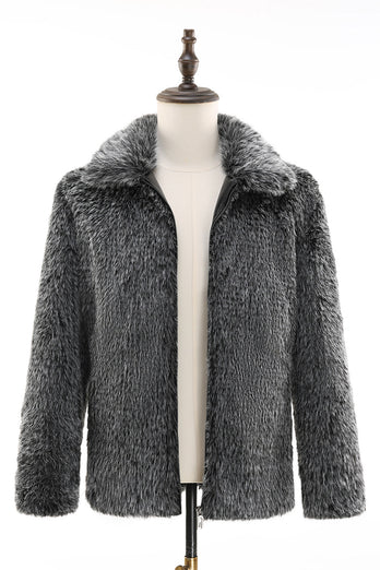 Dark Grey Faux Fur Turn Collar Short Men Coat