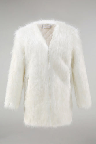 White Fluffy Faux Fur Long Sleeves Men's Coat