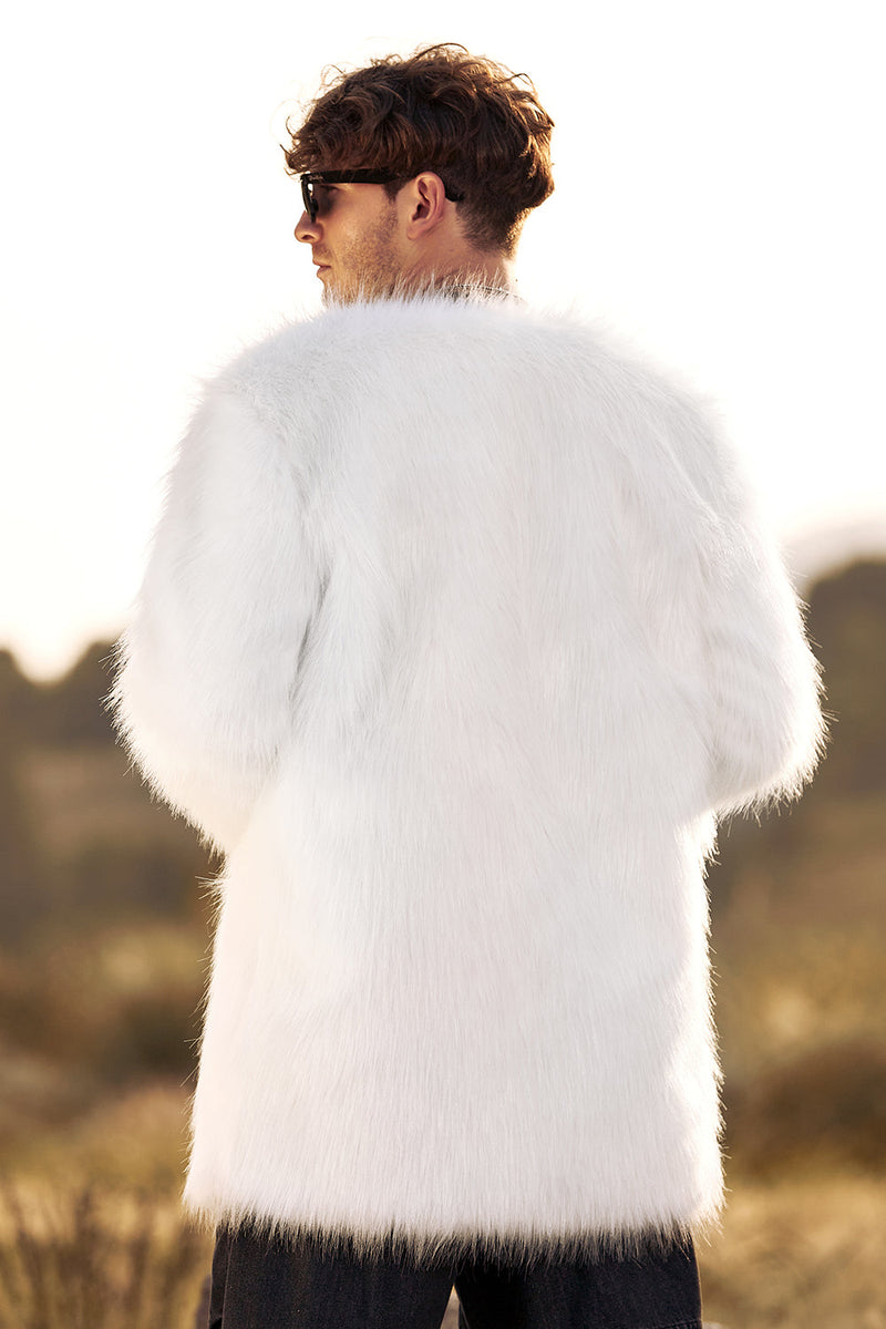 Load image into Gallery viewer, White Fluffy Faux Fur Long Sleeves Men&#39;s Cardigan Coat