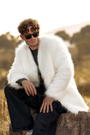 White Fluffy Faux Fur Long Sleeves Men's Cardigan Coat