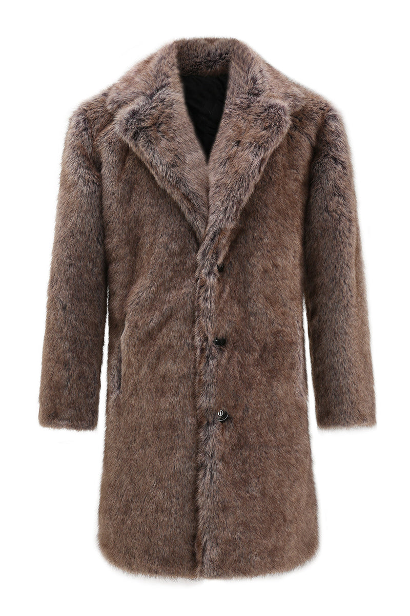 Load image into Gallery viewer, Khaki Fluffy Notched Lapel Faux Fur Long Men&#39;s Coat