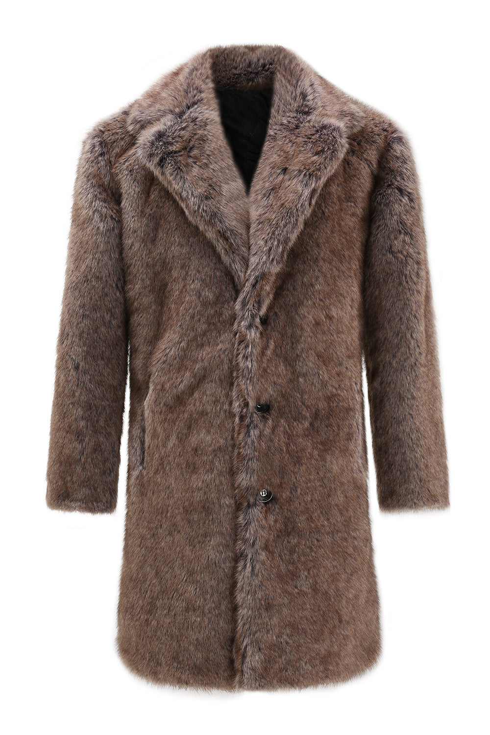 Khaki Fluffy Notched Lapel Faux Fur Long Men's Coat