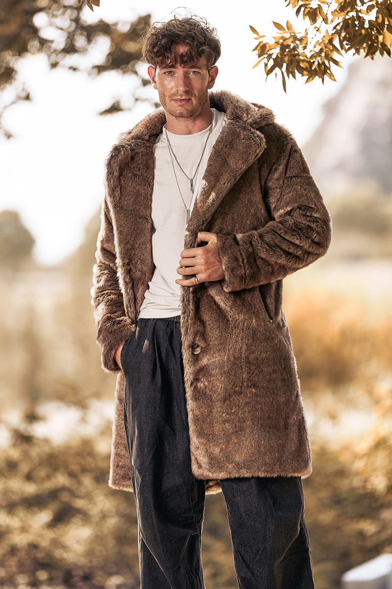 Load image into Gallery viewer, Fluffy Notched Lapel Faux Fur Long Khaki Men&#39;s Coat