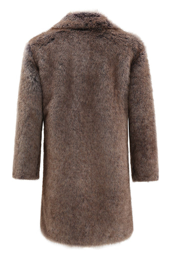 Khaki Fluffy Notched Lapel Faux Fur Long Men's Coat