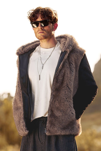 Fluffy Brown Faux Fur Long Sleeves Short Men's Coat with Hood