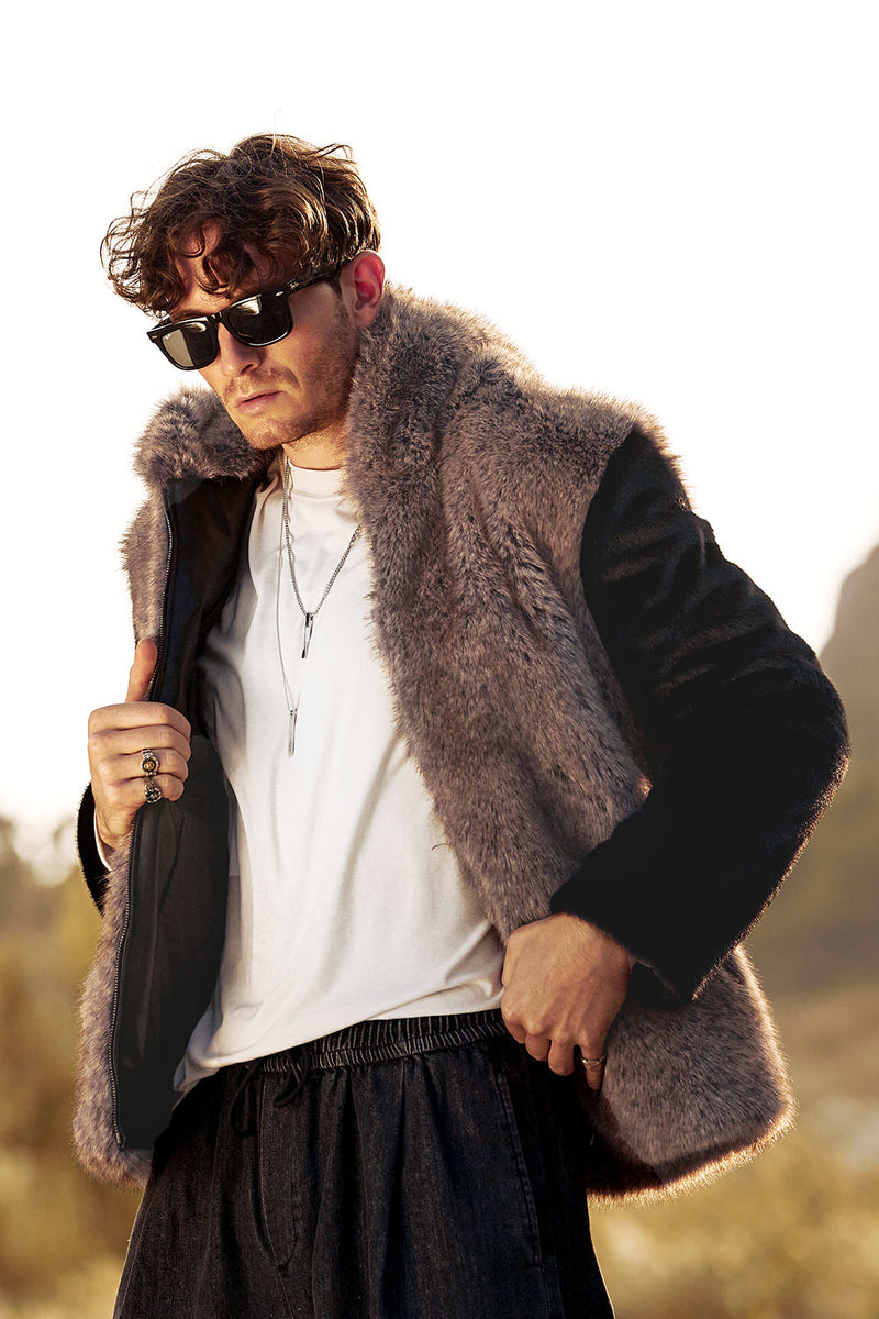 Load image into Gallery viewer, Fluffy Brown Faux Fur Long Sleeves Short Men&#39;s Coat with Hood