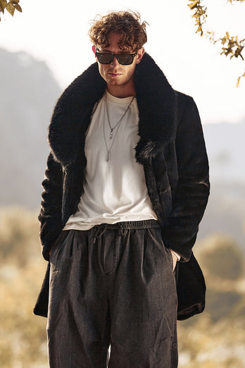 Black Luxury Faux Fur Winter Long Men's Coat with Long Sleeves