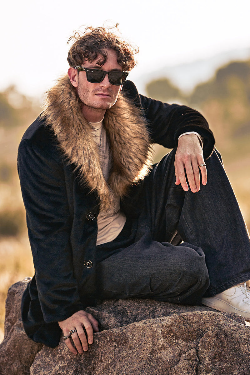 Load image into Gallery viewer, Black Luxury Faux Fur Long Sleeves Long Men&#39;s Winter Outerwear