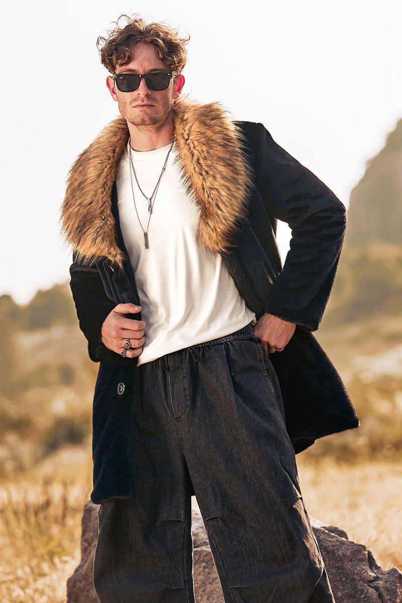 Load image into Gallery viewer, Black Luxury Faux Fur Long Sleeves Long Men&#39;s Winter Outerwear