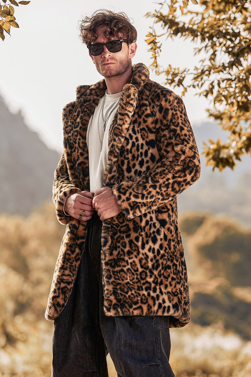 Load image into Gallery viewer, Brown Leopard Print Lapel Collar Faux Fur Mid-Length Men&#39;s Winter Coat