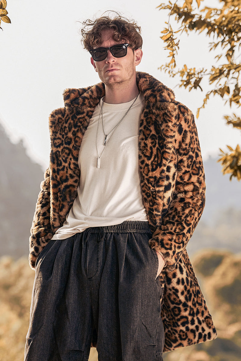 Load image into Gallery viewer, Brown Leopard Print Lapel Collar Faux Fur Mid-Length Men&#39;s Winter Coat