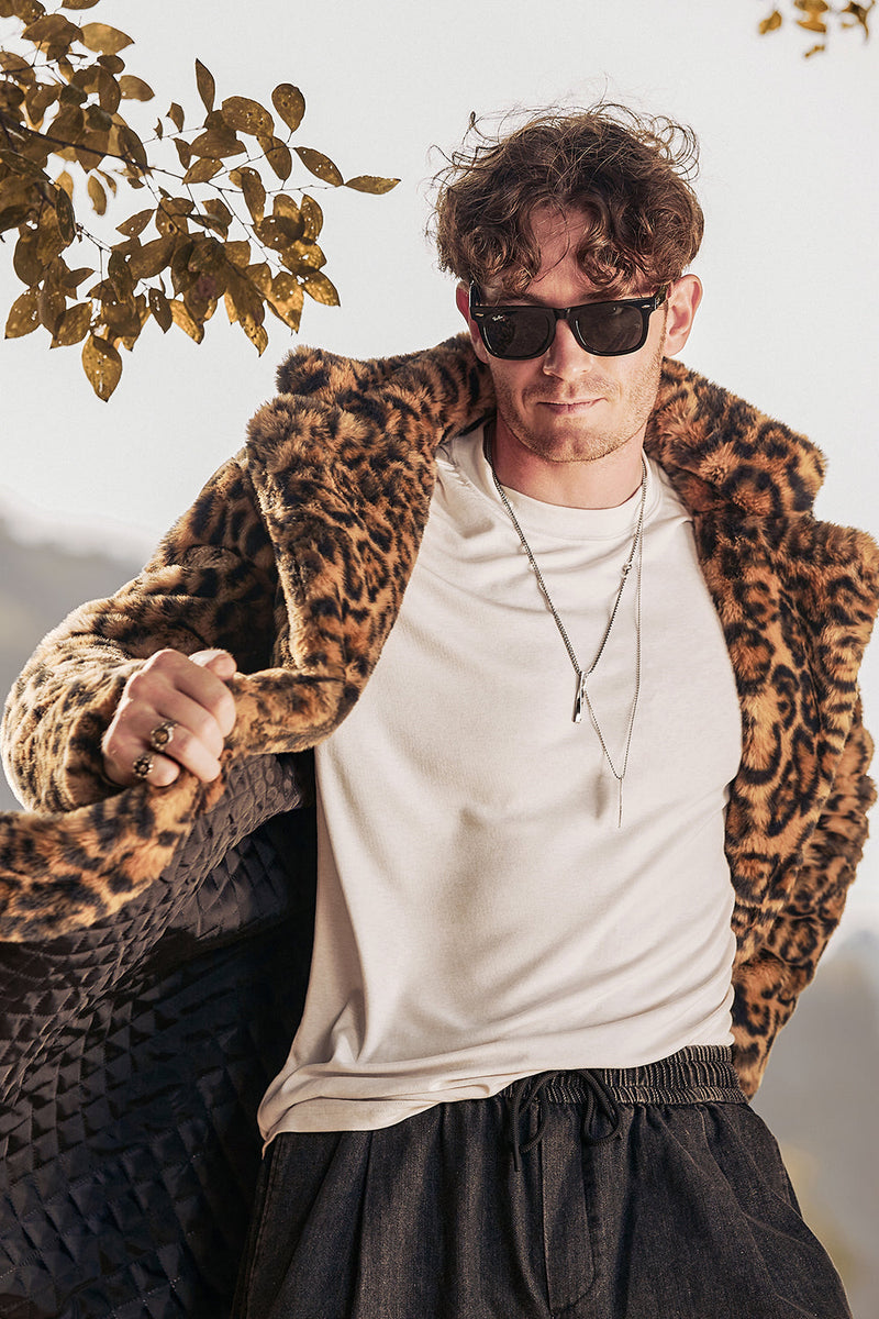 Load image into Gallery viewer, Brown Leopard Print Lapel Collar Faux Fur Mid-Length Men&#39;s Winter Coat