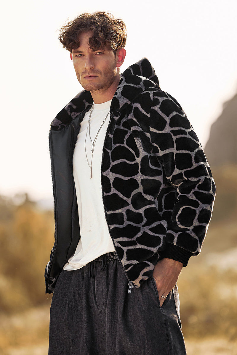 Load image into Gallery viewer, Leopard Faux Fur Zip-Up Hoodie Long Sleeves Men&#39;s Coat