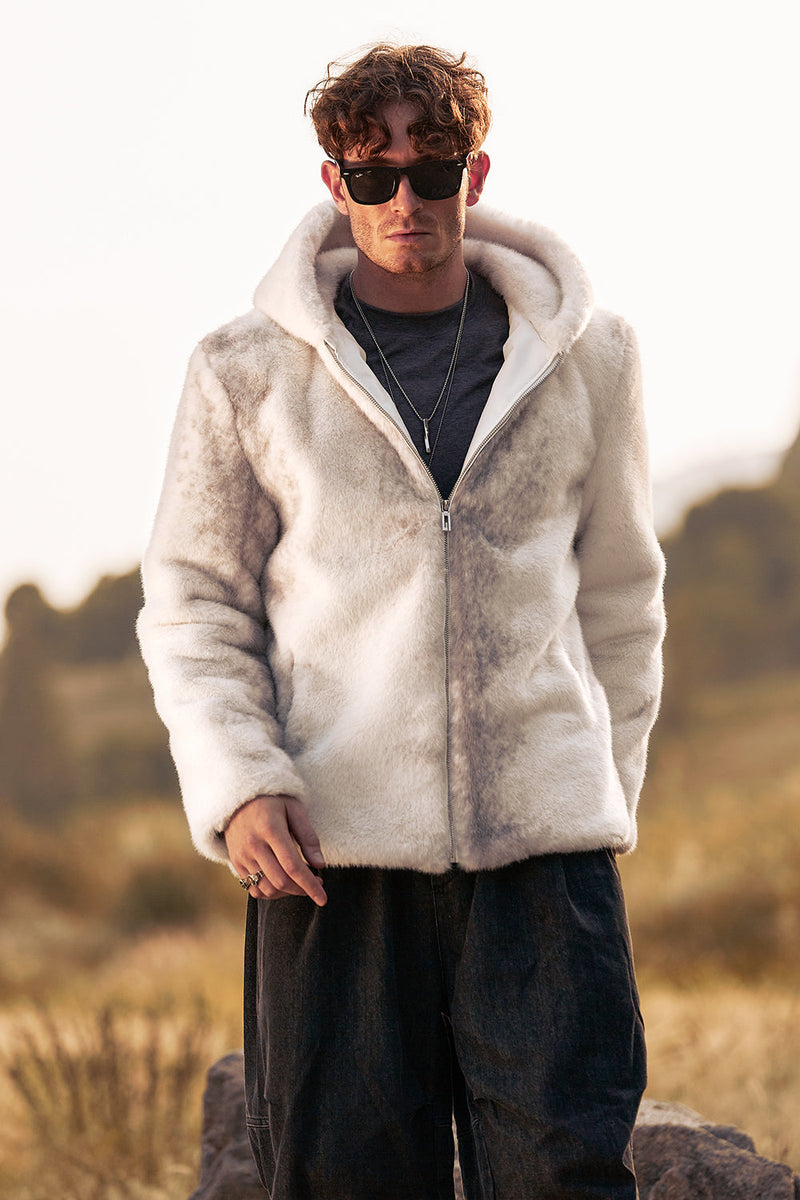 Load image into Gallery viewer, Ivory Faux Fur Zip-Up Hoodie Long Sleeves Men&#39;s Winter Coat