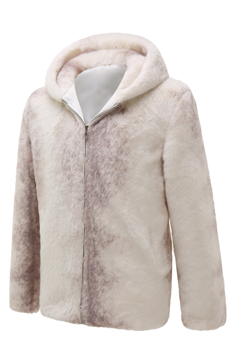 Load image into Gallery viewer, Men&#39;s Ivory Faux Fur Zip-Up Hoodie Coat