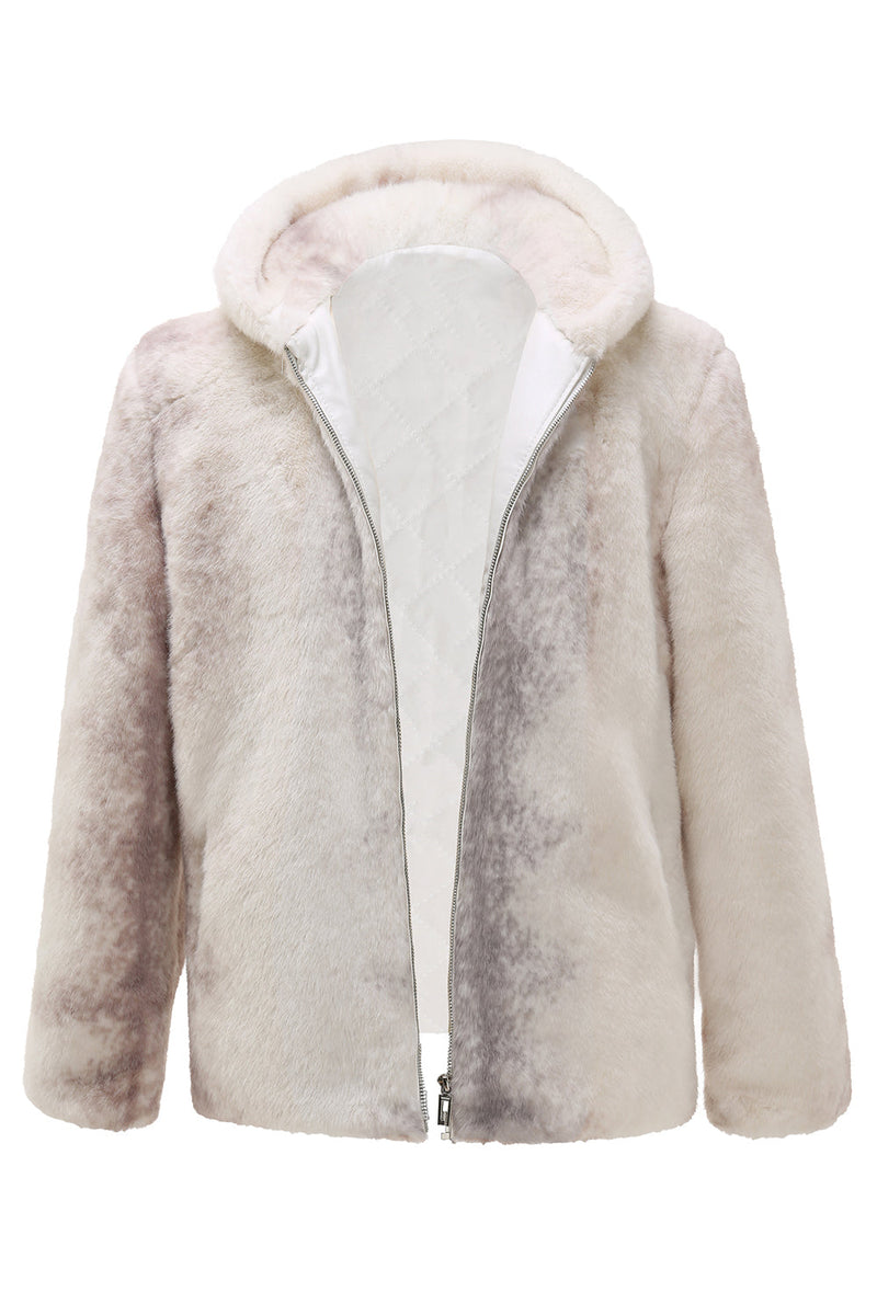 Load image into Gallery viewer, Men&#39;s Ivory Faux Fur Zip-Up Hoodie Coat