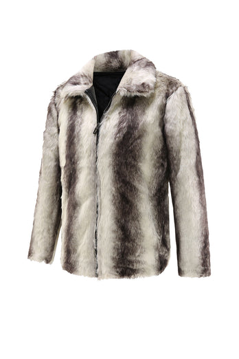 White Printed Lapel Fitted Men's Faux Fur