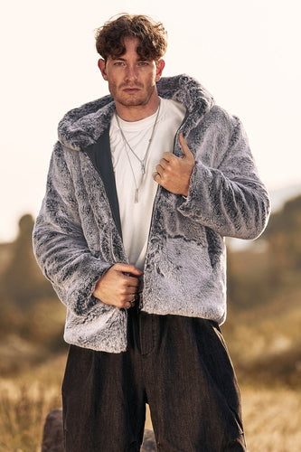 Grey Midi Shearling Men's Winter Coat with Hood