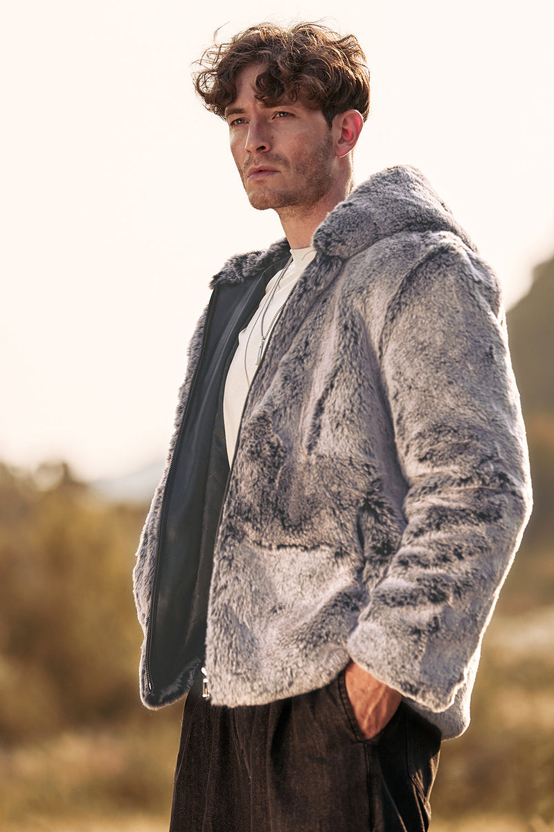 Load image into Gallery viewer, Grey Midi Shearling Men&#39;s Winter Coat with Hood