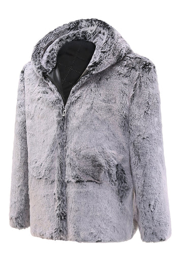 Grey Hooded Midi Men's Shearling Coat