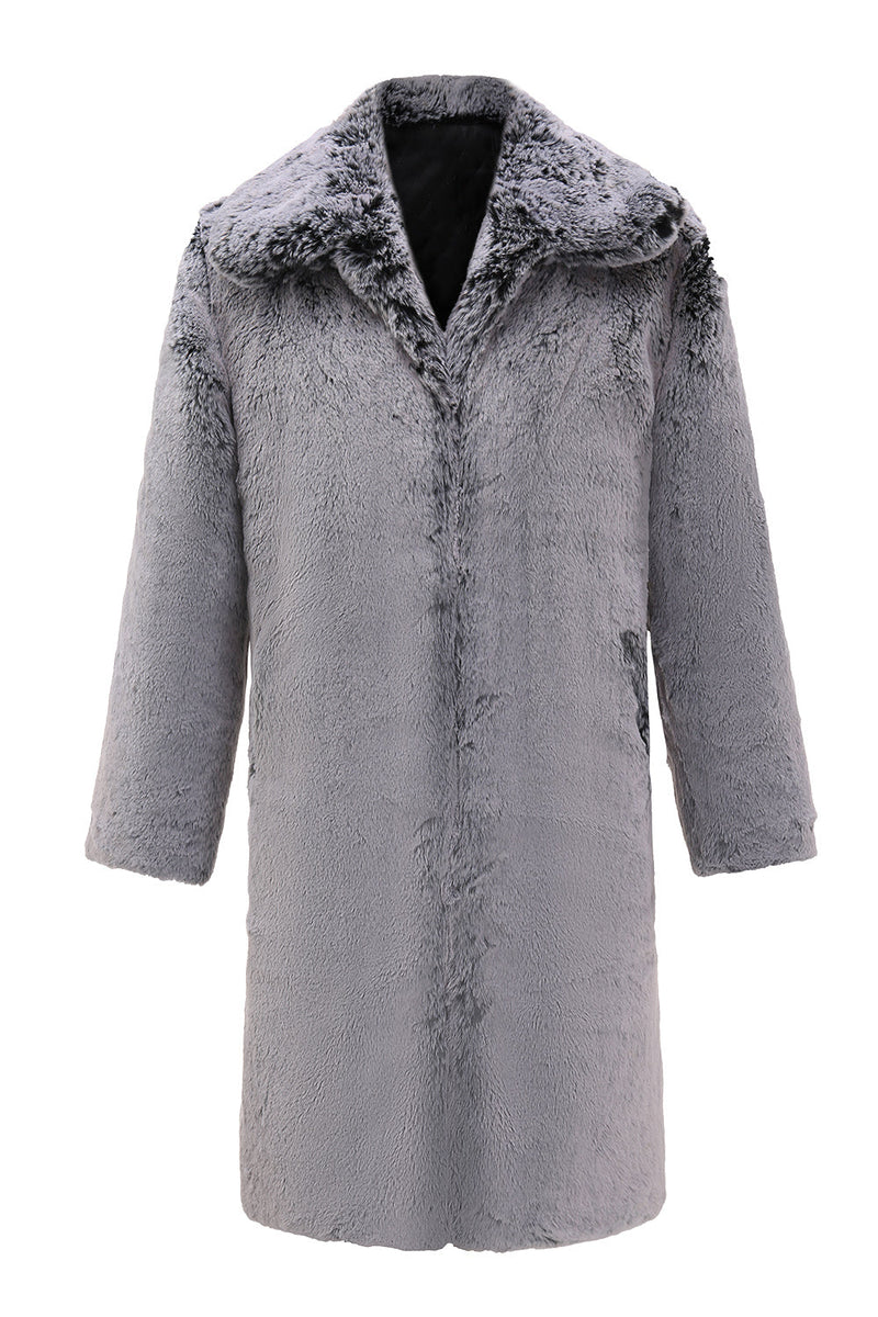 Load image into Gallery viewer, Grey Fluffy Long Sleeve Faux Fur Men&#39;s Coat with Pockets