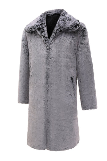 Grey Fluffy Long Sleeve Faux Fur Men's Coat with Pockets